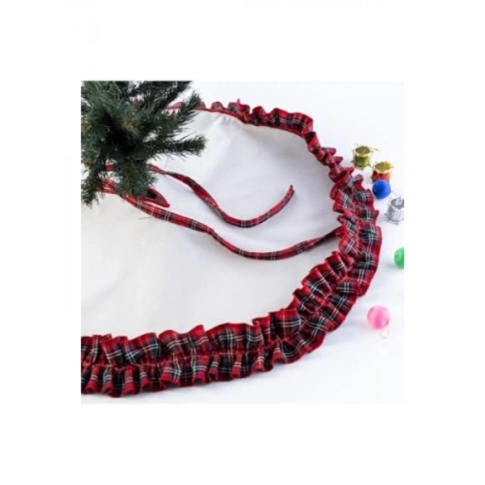 Fırfırlı Yılbaşı Çam Ağacı Örtüsü | Pamuklu Ekose Desen | 60 cm