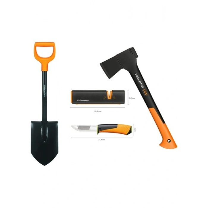 Fiskars Solid Kürek + S-X10 Balta + Ağır İş Bıçağı + Balta ve Bıçak Bileyici Seti