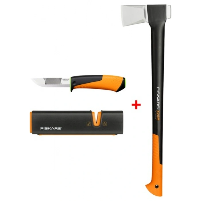 Fiskars Yarma Baltası Xl X25 + Bileyicili Ağır İş Bıçağı + Balta ve Bıçak Bileyici