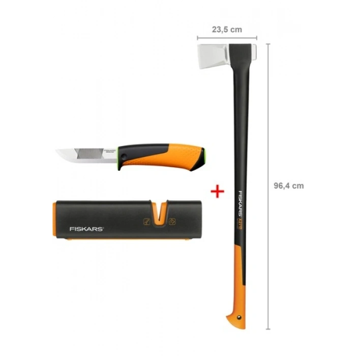Fiskars Yarma Baltası XXL-X27 + Bileyicili Ağır İş Bıçağı + Balta ve Bıçak Bileyici