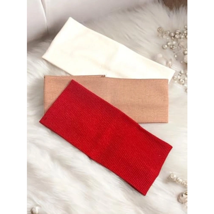 Fitilli Saç Bandı Seti - 3 Adet (Kırmızı, Beyaz, Bej)