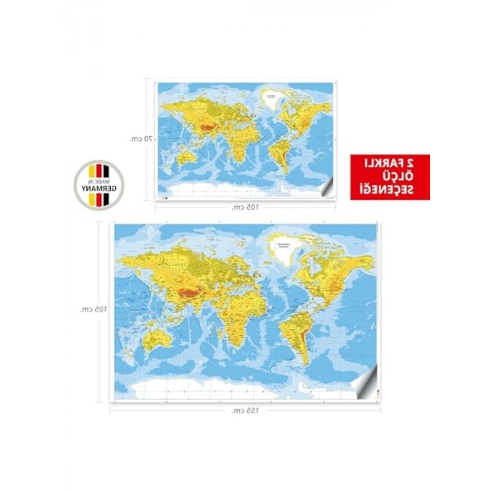 Fiziki Dünya Haritası Duvar Sticker, 70x105 cm Eğitici ve Bilgilendirici