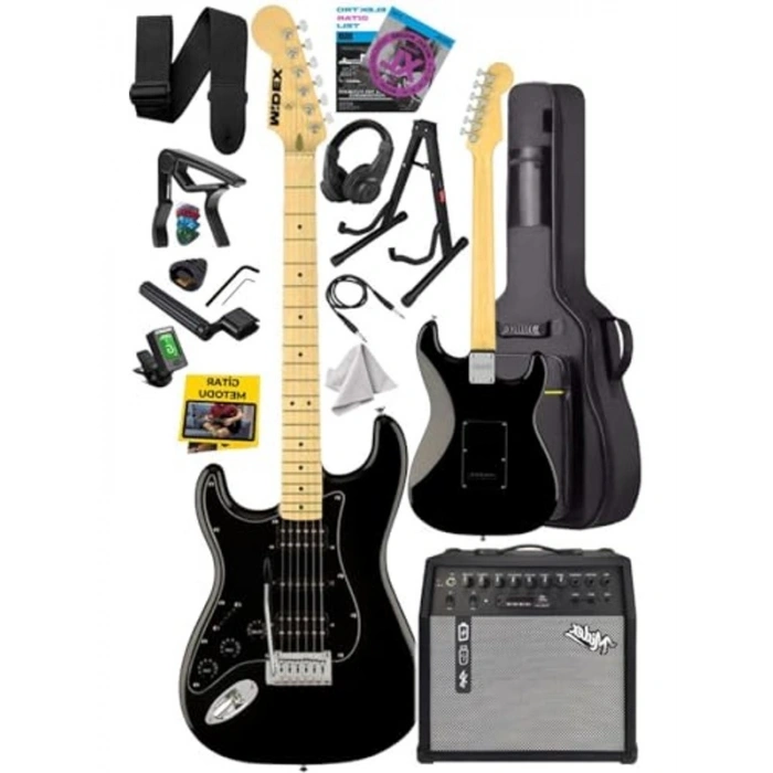 Full Black 50W Şarjlı Elektro Gitar Seti - Bluetooth Özellikli