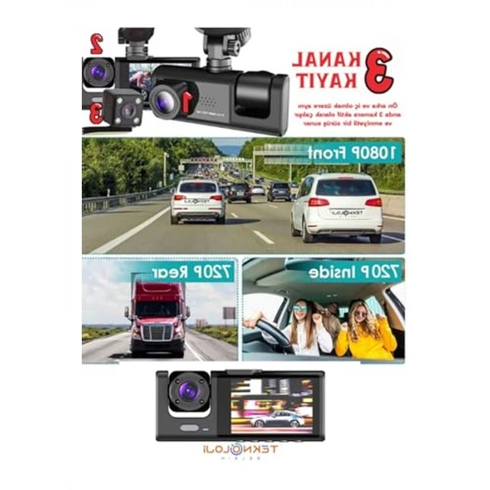 Full HD Araç İçi Kamera, Ön Arka ve İç Kayıt Özellikli Gece Görüşlü