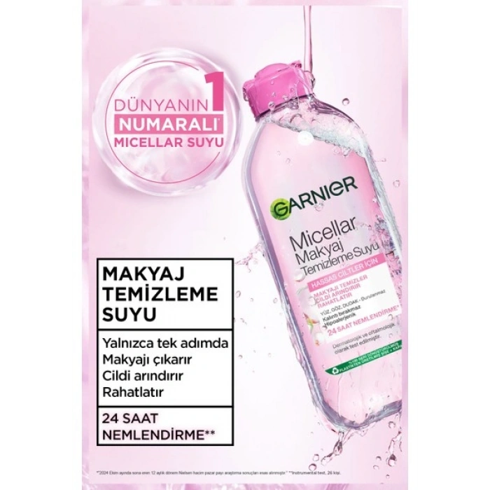 Garnier Micellar Makyaj Temizleme Suyu 400ML, 24 Saat Nemlendirme, Hassas Ciltler için