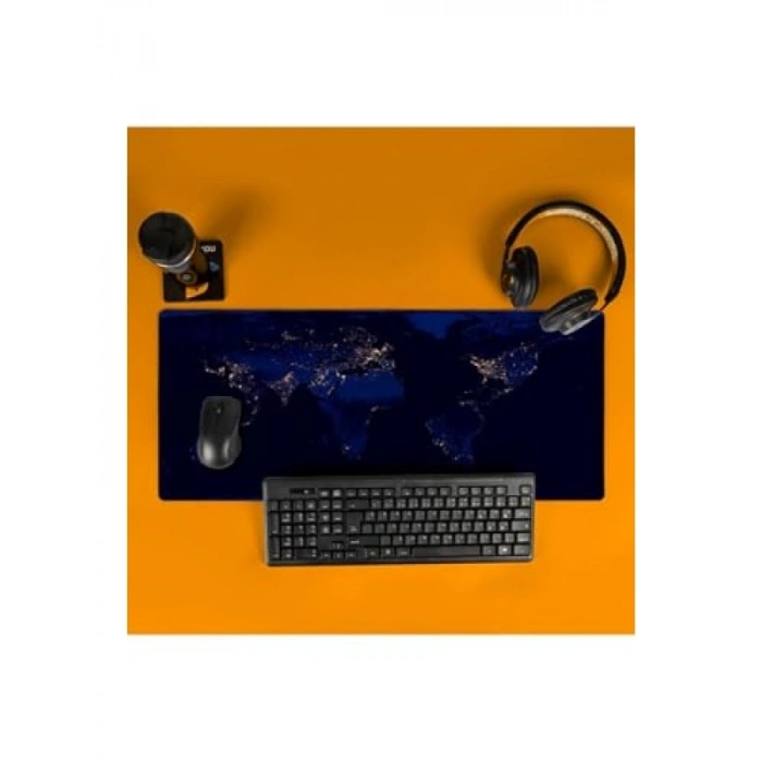 Gece Dünya Haritası Baskılı Büyük Boy Mousepad - 70x30 cm