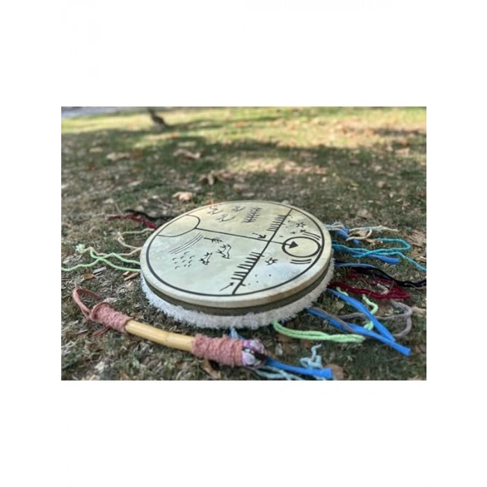 Geleneksel Şaman Davulu, Çizgi Baskılı ve 37 CM