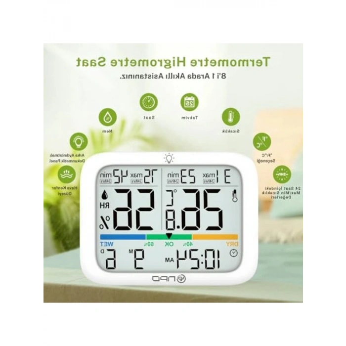 Geniş Ekranlı Sıcaklık ve Nem Ölçer, Tarih/Saat Göstergesi ile