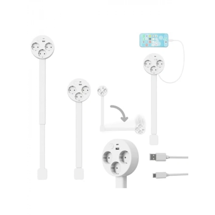 Genişletilebilir Dönen Priz, 3 AC Çıkışlı ve USB Portlu