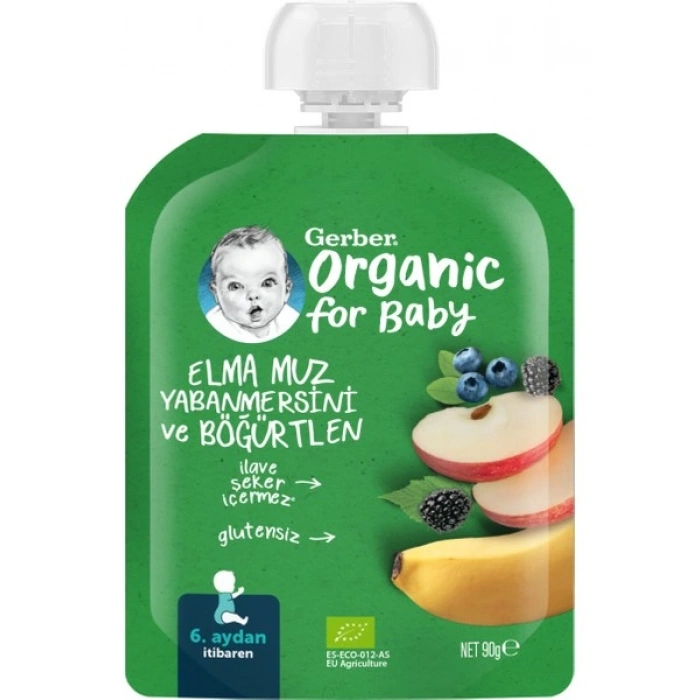 Gerber Organik Elma Muz Yabanmersini ve Böğürtlen Püresi 90 gr