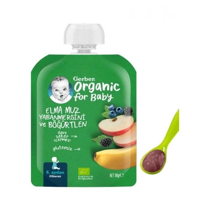 Gerber Organik Elma Muz Yabanmersini ve Böğürtlen Püresi 90 gr
