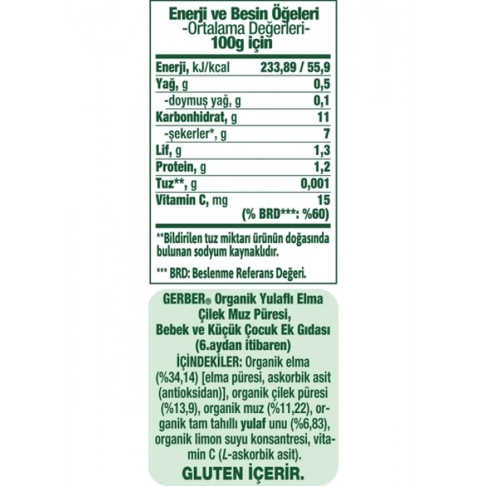 Gerber Organik Yulaflı Elma Çilek ve Muz Püresi 110 gr