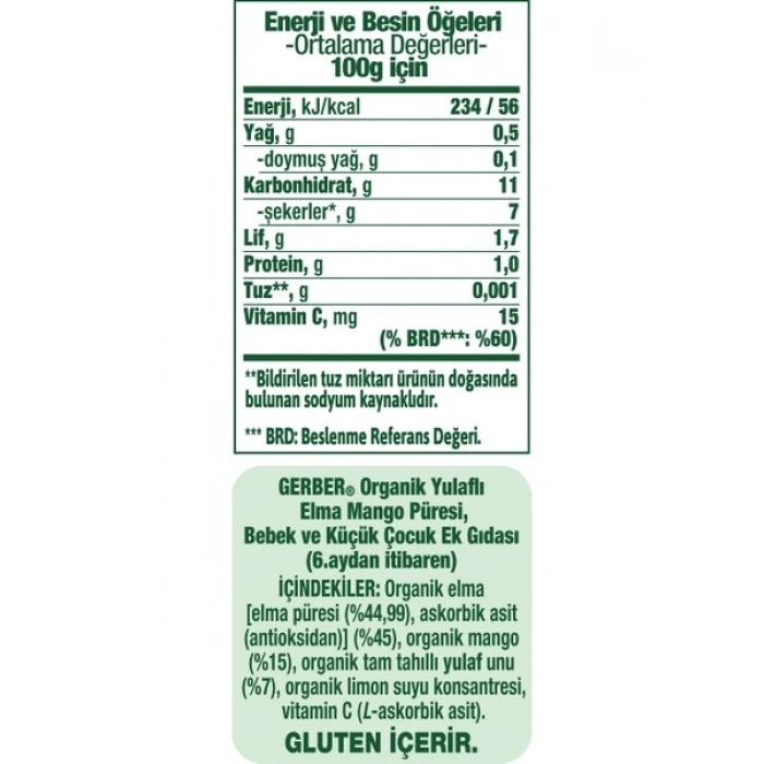 Gerber Organik Yulaflı Elma ve Mango Püresi 110 gr