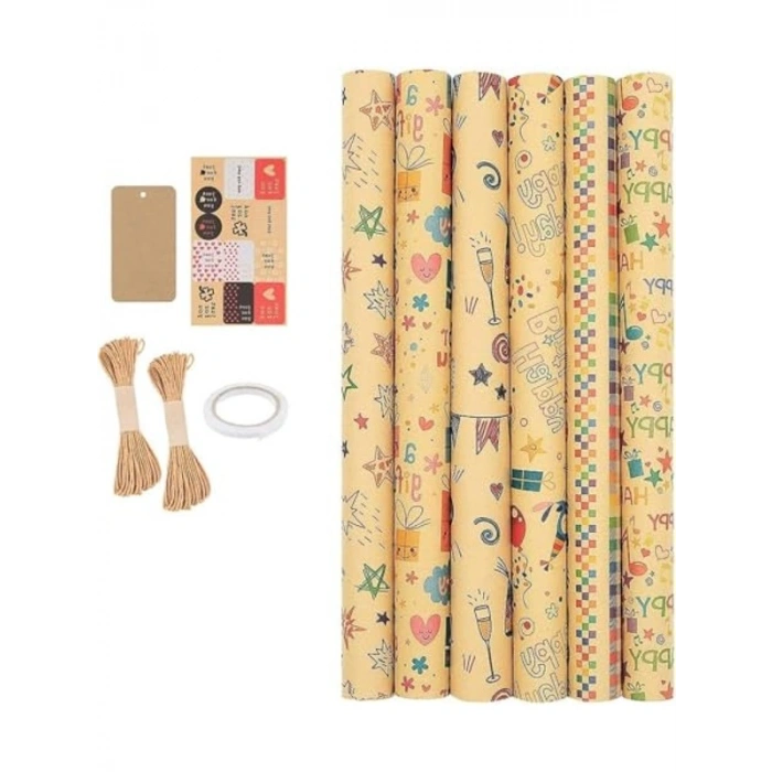 Geri dönüştürülmüş hediye paketleme kağıdı seti, 6 adet 70x50 cm