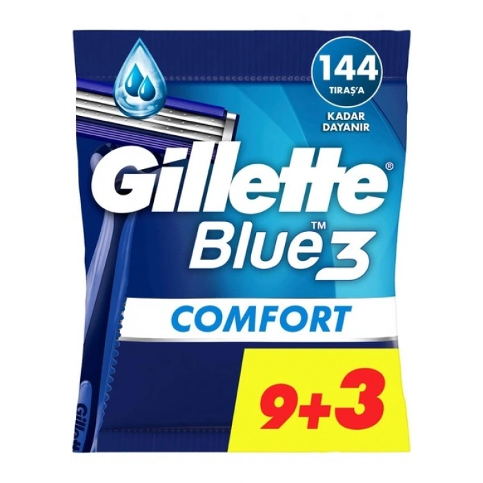 Gillette Blue3 Comfort Kullan At Tıraş Bıçağı 12 Adet 9+3 Hassas Cilt Dostu Ergonomik Tasarım