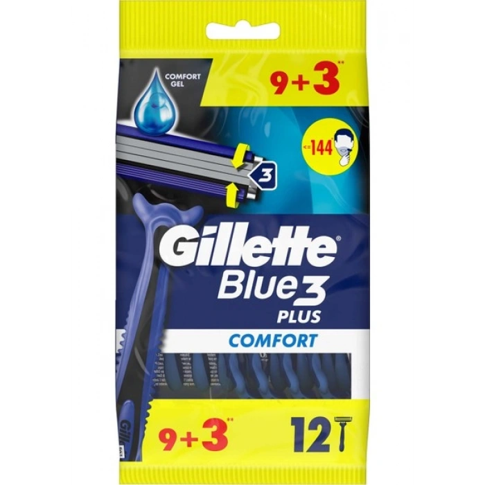 Gillette Blue3 Comfort Kullan At Tıraş Bıçağı 12 Adet 9+3 Hassas Cilt Dostu Ergonomik Tasarım