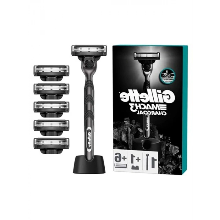 Gillette Mach3 Charcoal Tıraş Makinesi + 5 Adet Yedek Tıraş Bıçağı + Premium Stand Hediyeli Peket