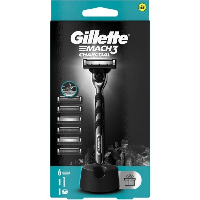 Gillette Mach3 Charcoal Tıraş Makinesi ve Yedek Bıçağı 6lı + Tıraş Bıçağı Standı