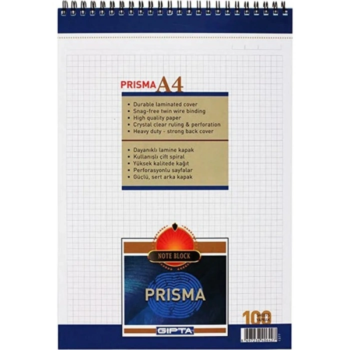 Gıpta Prisma A4 Kareli Defter 100 Yaprak Karton Kapaklı Spiralli Bloknot