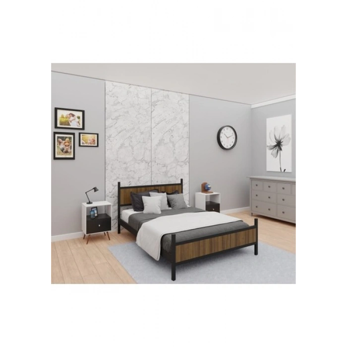 GM 305 MODERN ÇİFT KİŞİLİK AHŞAP METAL SİYAH CEVİZ KARYOLA 140X190