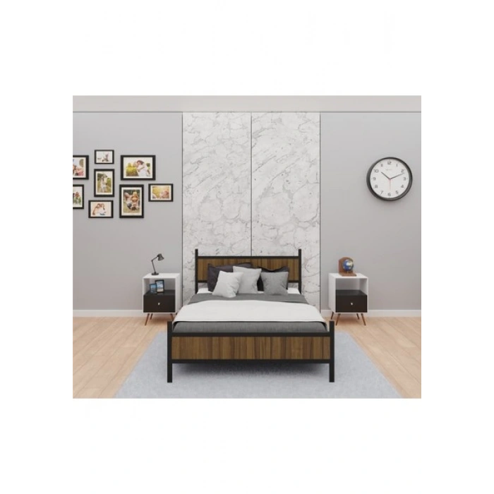 GM 305 MODERN ÇİFT KİŞİLİK AHŞAP METAL SİYAH CEVİZ KARYOLA 140X190