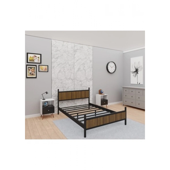 GM 305 MODERN ÇİFT KİŞİLİK AHŞAP METAL SİYAH CEVİZ KARYOLA 160X200