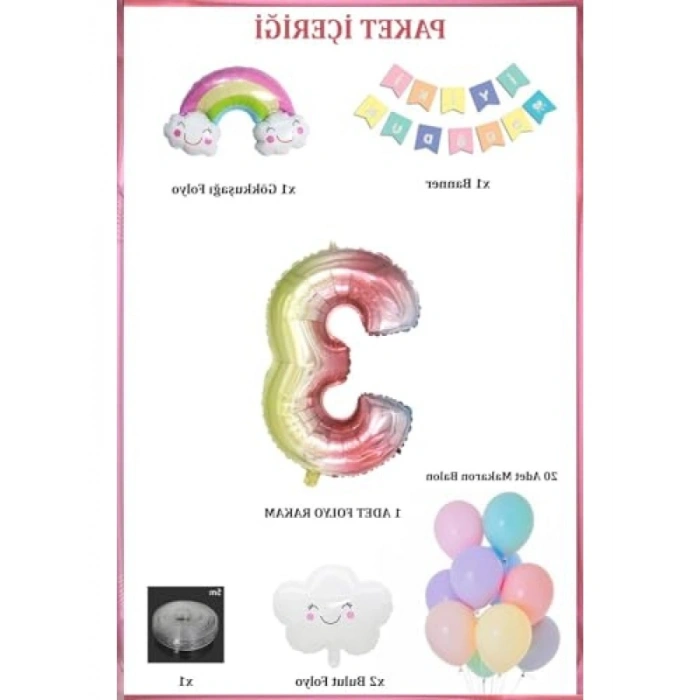 Gökkuşağı Bulut Temalı 3 Yaş Doğum Günü Parti Seti