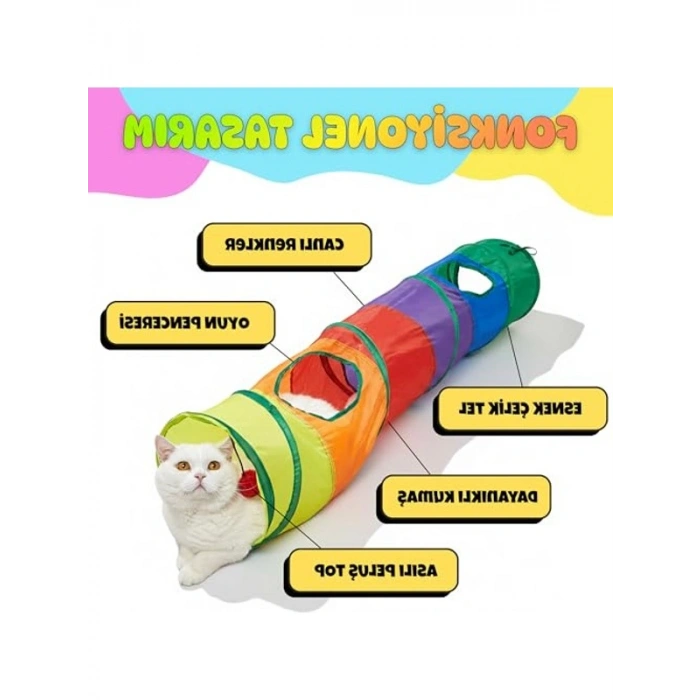 Gökkuşağı Renkli Kedi Oyun Tüneli, Katlanabilir, Polyester