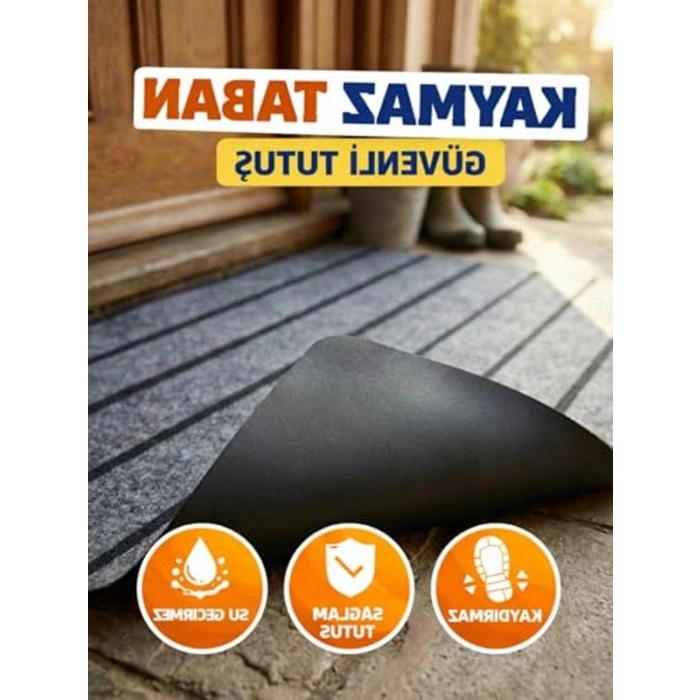 Gri Kaymaz Kapı Önü Paspası, Dayanıklı ve Su Geçirmez 45x70 cm