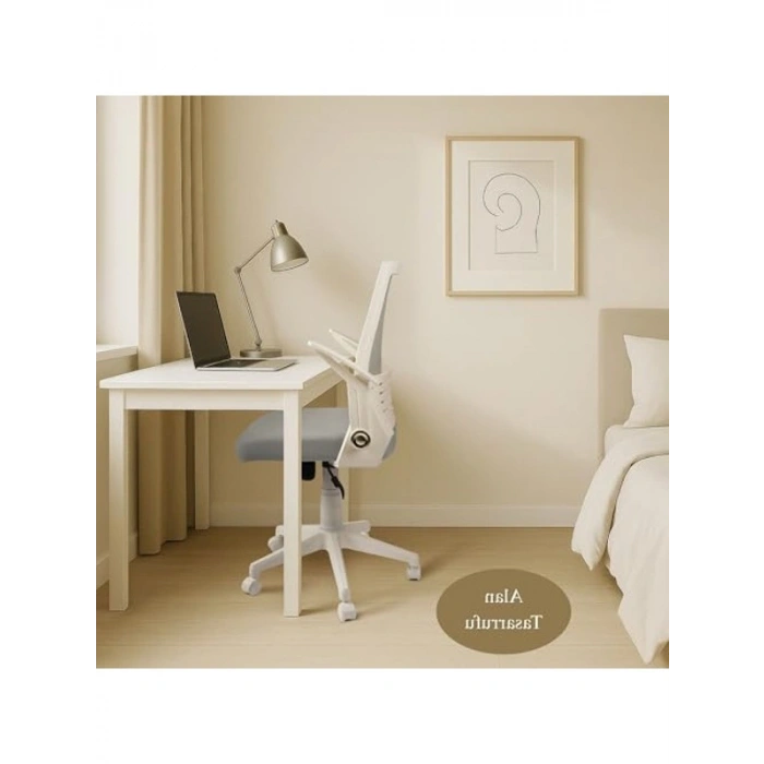 Gri Kumaşlı Beyaz Katlanır Kollu Ofis Sandalyesi