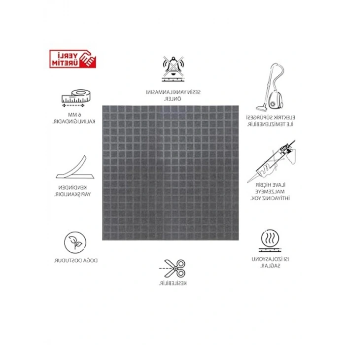 Gri Renkli 45x90 Cm Kare Desenli Keçe Panel, 2 Adet