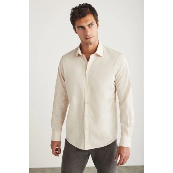 Grimelange Carlsten Erkek Slim Fit Italyan Yaka %100 Pamuk Poplin Açık Bej Gömlek