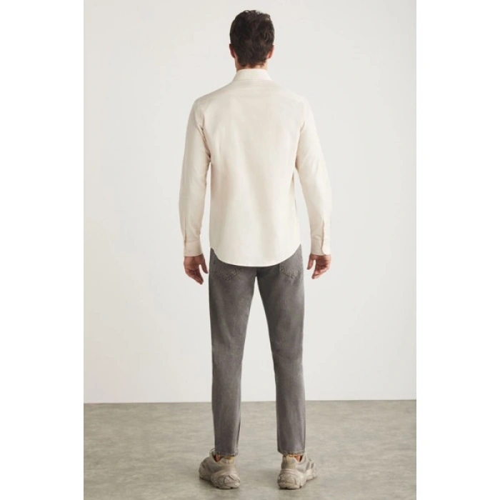 Grimelange Carlsten Erkek Slim Fit Italyan Yaka %100 Pamuk Poplin Açık Bej Gömlek