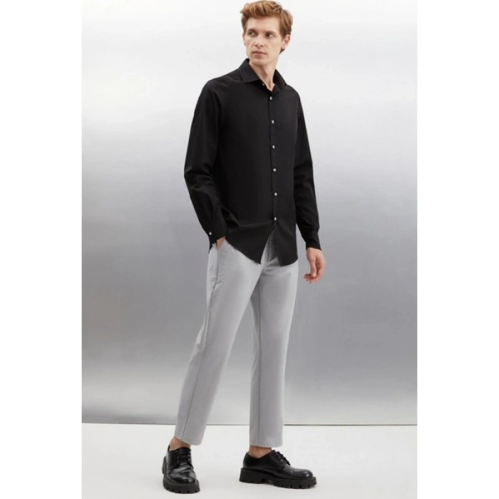 Grimelange Carlsten Erkek Slim Fit Italyan Yaka %100 Pamuk Poplin Siyah Gömlek