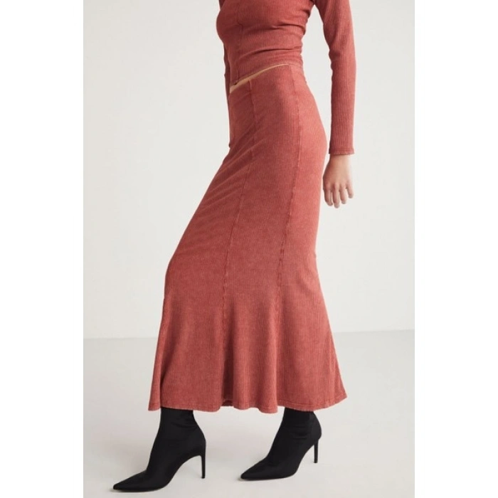 Grimelange Catelıne Kadın Slim Fit Beli Lastikli Midi Boy Kiremit Rengi Etek