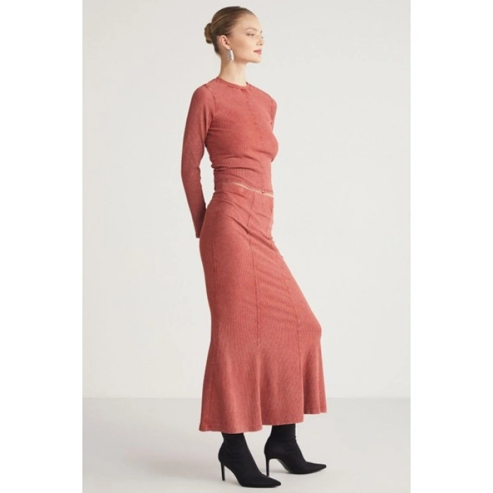 Grimelange Catelıne Kadın Slim Fit Beli Lastikli Midi Boy Kiremit Rengi Etek