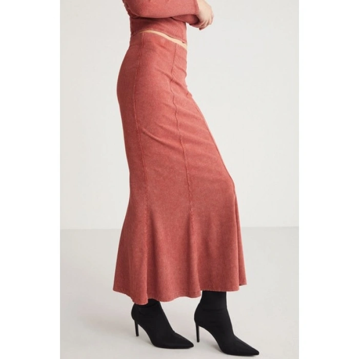 Grimelange Catelıne Kadın Slim Fit Beli Lastikli Midi Boy Kiremit Rengi Etek