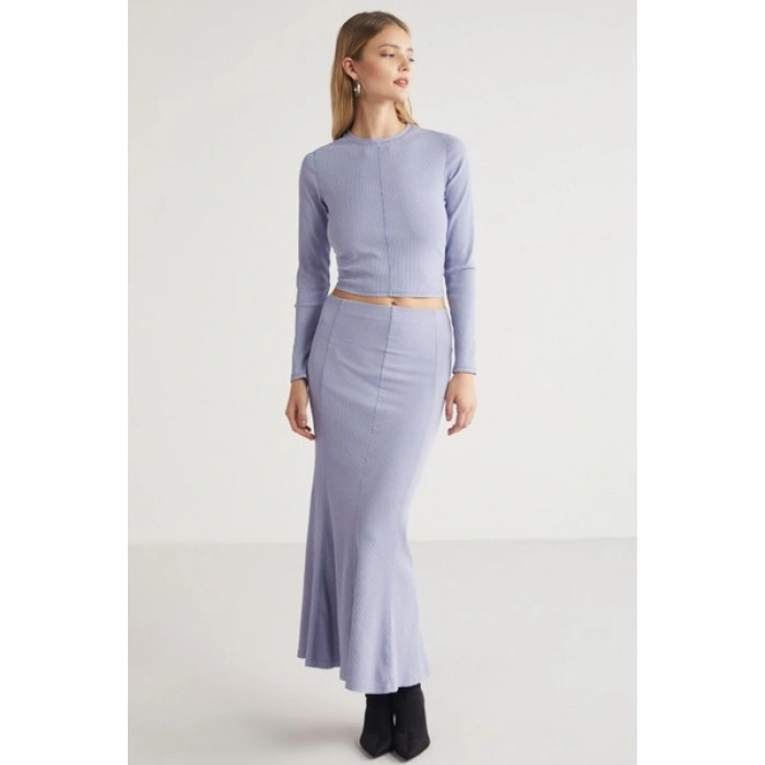 Grimelange Catelıne Kadın Slim Fit Beli Lastikli Vucudu Saran Midi Lila Etek