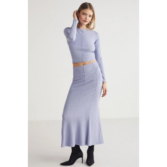 Grimelange Catelıne Kadın Slim Fit Beli Lastikli Vucudu Saran Midi Lila Etek