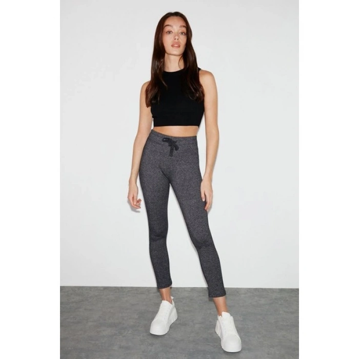 Grimelange Judy Kadın Slim Fit Beli Lastikli Bağlamalı Basic Koyu Gri Tayt