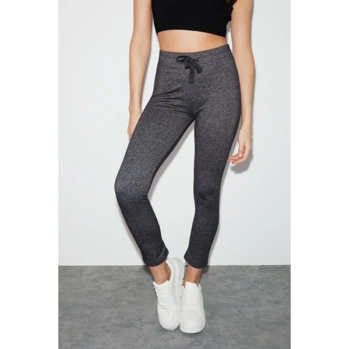 Grimelange Judy Kadın Slim Fit Beli Lastikli Bağlamalı Basic Koyu Gri Tayt