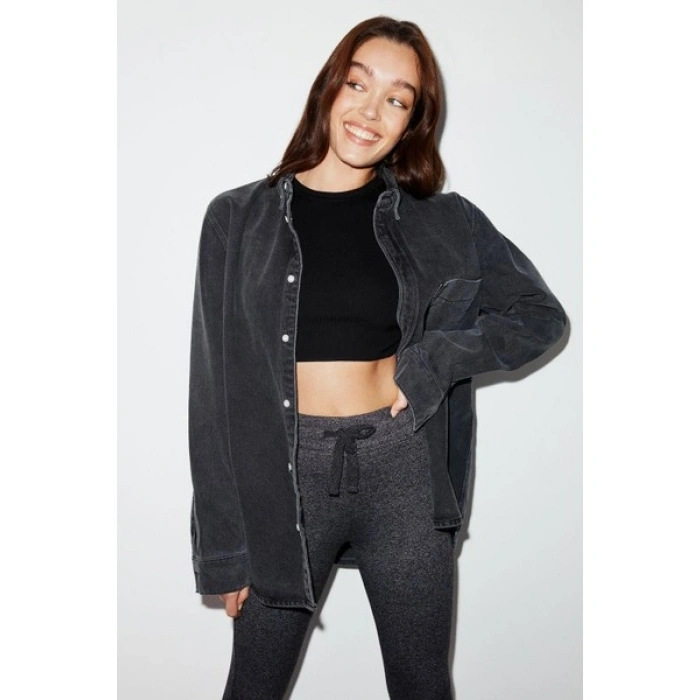Grimelange Judy Kadın Slim Fit Beli Lastikli Bağlamalı Basic Koyu Gri Tayt