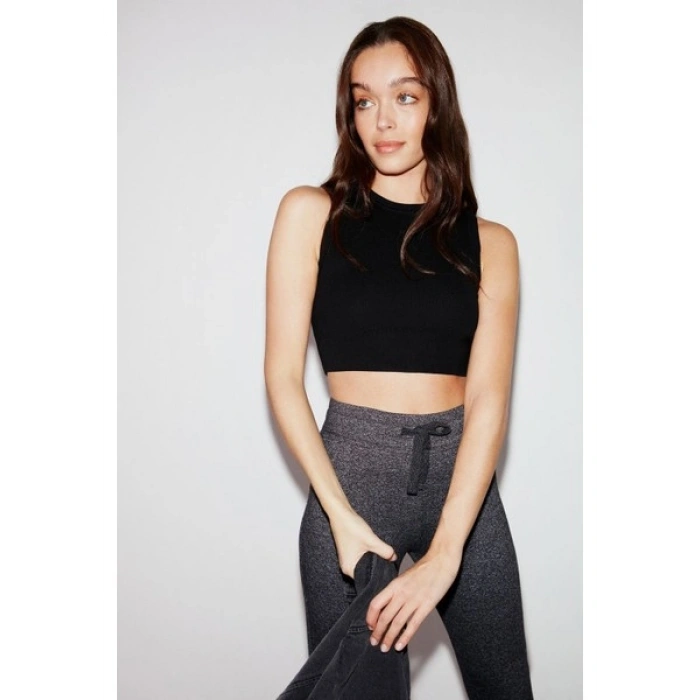 Grimelange Judy Kadın Slim Fit Beli Lastikli Bağlamalı Basic Koyu Gri Tayt