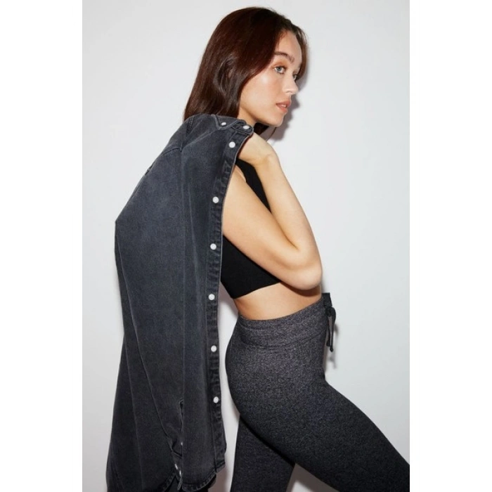 Grimelange Judy Kadın Slim Fit Beli Lastikli Bağlamalı Basic Koyu Gri Tayt