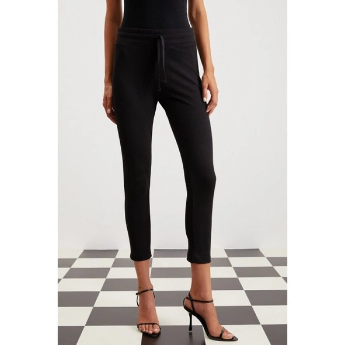 Grimelange Judy Kadın Slim Fit Beli Lastikli Bağlamalı Basic Siyah Tayt