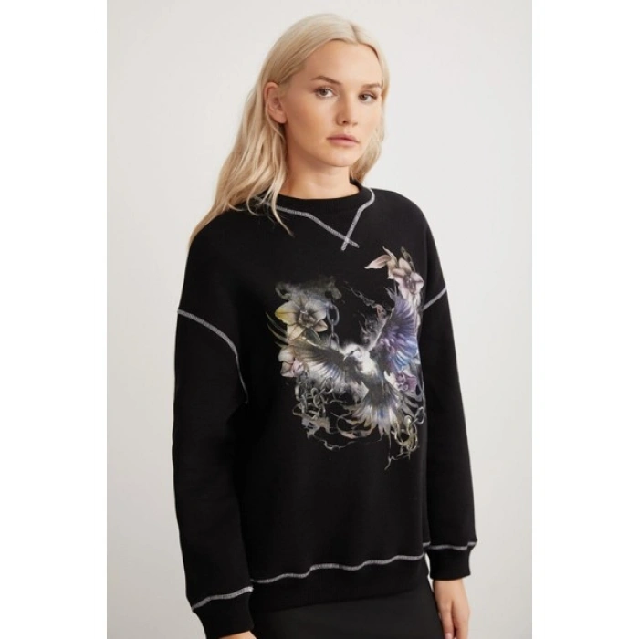 Grimelange Lorna Bisiklet Yakalı Baskılı Kontrast Dikişli Şardonlu Siyah Sweatshirt
