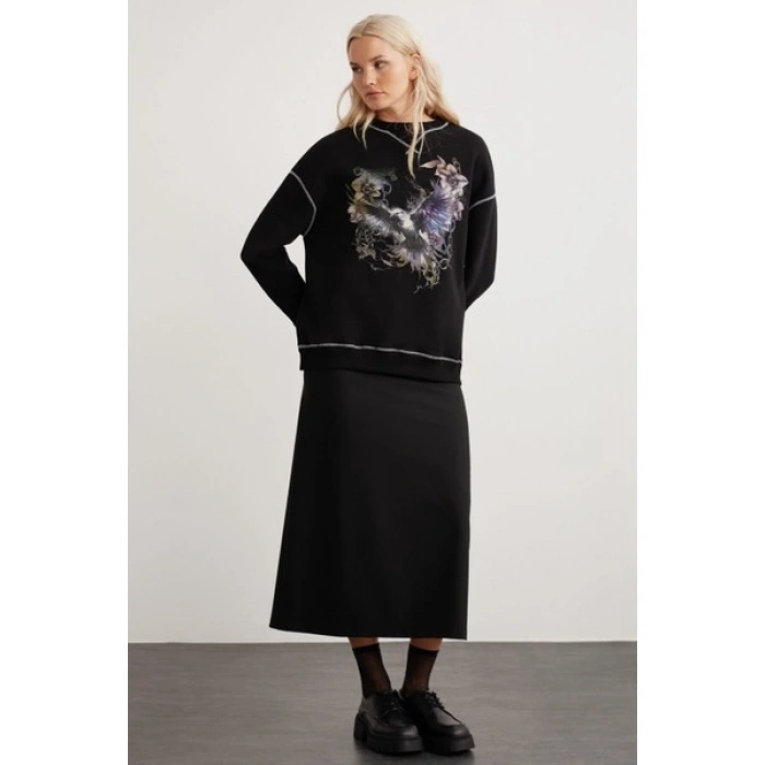Grimelange Lorna Bisiklet Yakalı Baskılı Kontrast Dikişli Şardonlu Siyah Sweatshirt