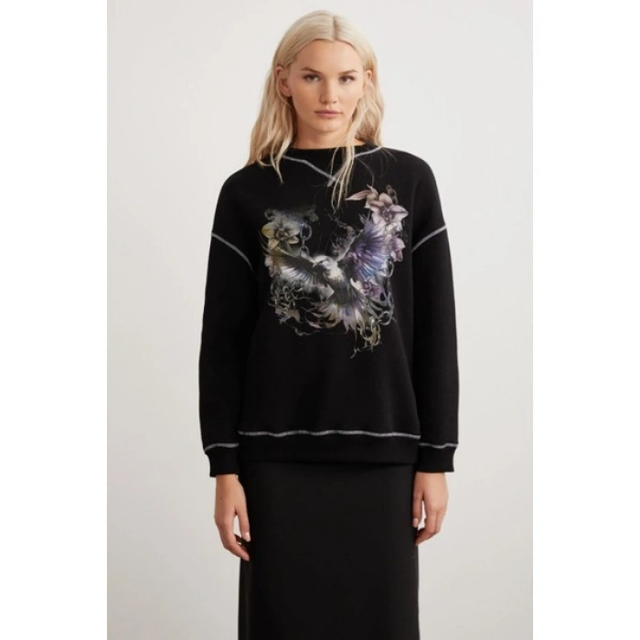 Grimelange Lorna Bisiklet Yakalı Baskılı Kontrast Dikişli Şardonlu Siyah Sweatshirt