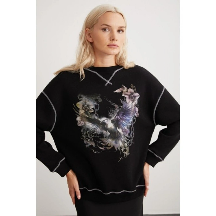Grimelange Lorna Bisiklet Yakalı Baskılı Kontrast Dikişli Şardonlu Siyah Sweatshirt