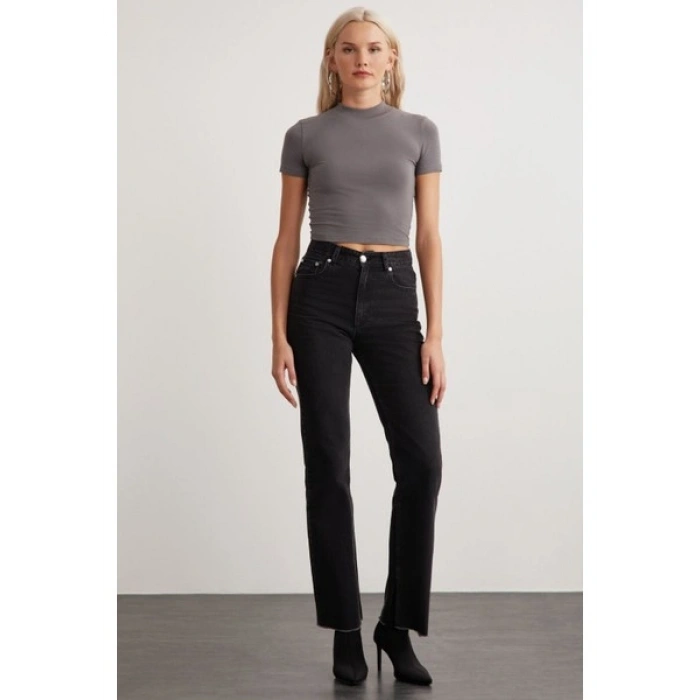 Grimelange Nıara Kadın Pamuk Elastan Bisiklet Yaka Kısa Kollu Slim Fit Crop Gri Büstiyer